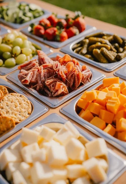 Overhead view of outdoor appetizer spread with cured meats, cheese, crackers, strawberries, grapes, pickles, and vegetables on white plates
